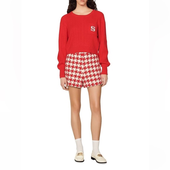 Sandro Paris Dorian Cropped Red Sweater Embroidered Monogram S Pocket Cable Knit - Picture 15 of 16